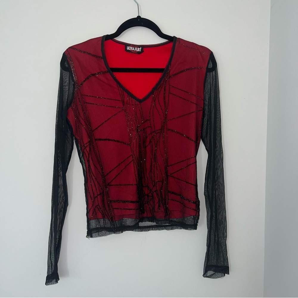Vintage Ultra Flirt Red and Black Mesh Women's Top - Size M
